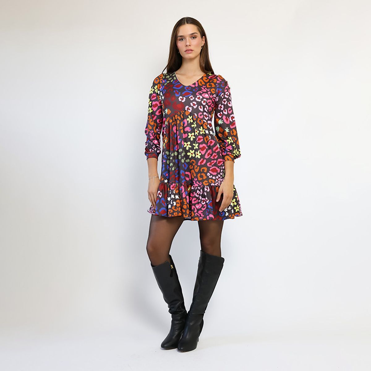 NATALIA SEGUEL - Vestido Raquel Cafe Florecitas Natalia Seguel