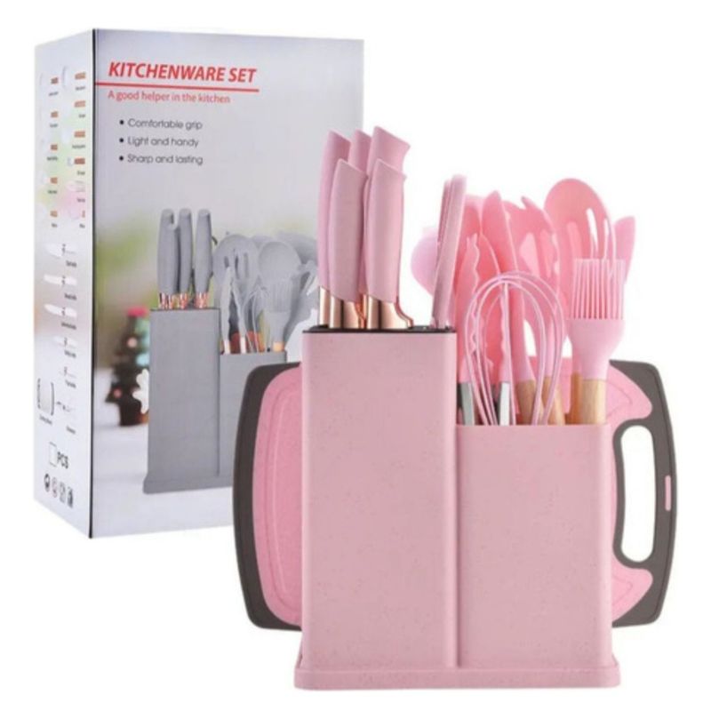GENERICO - Set 19 Juegos Utensilios De Cocina De Silicona Con Soporte rosado