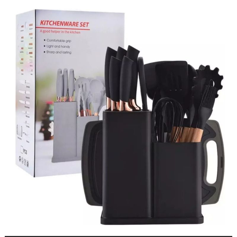 GENERICO - Set 19 Juegos Utensilios De Cocina De Silicona Con Soporte Negro