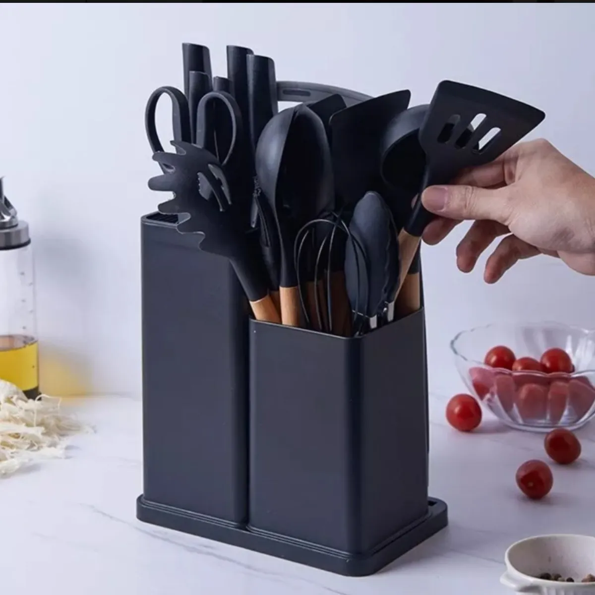 GENERICO - Set 19 Juegos Utensilios De Cocina De Silicona Con Soporte Negro