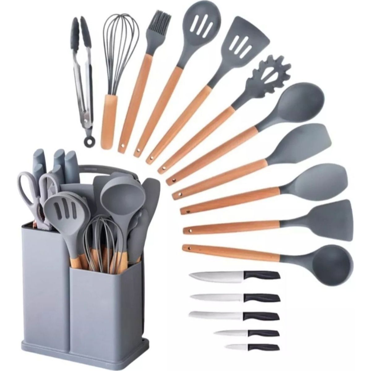 GENERICO - Set 19 Juegos Utensilios De Cocina De Silicona Con Soporte Gris