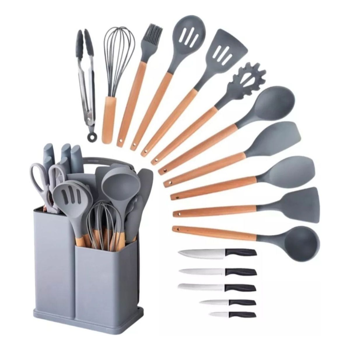 GENERICO - Set 19 Juegos Utensilios De Cocina De Silicona Con Soporte Gris