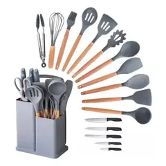 GENERICO - Set 19 Juegos Utensilios De Cocina De Silicona Con Soporte Gris