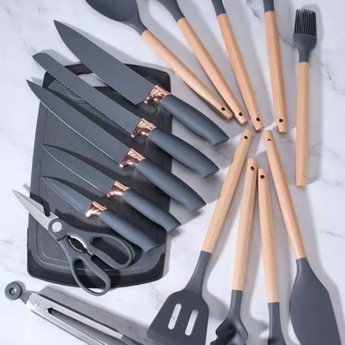 GENERICO - Set 19 Juegos Utensilios De Cocina De Silicona Con Soporte Gris