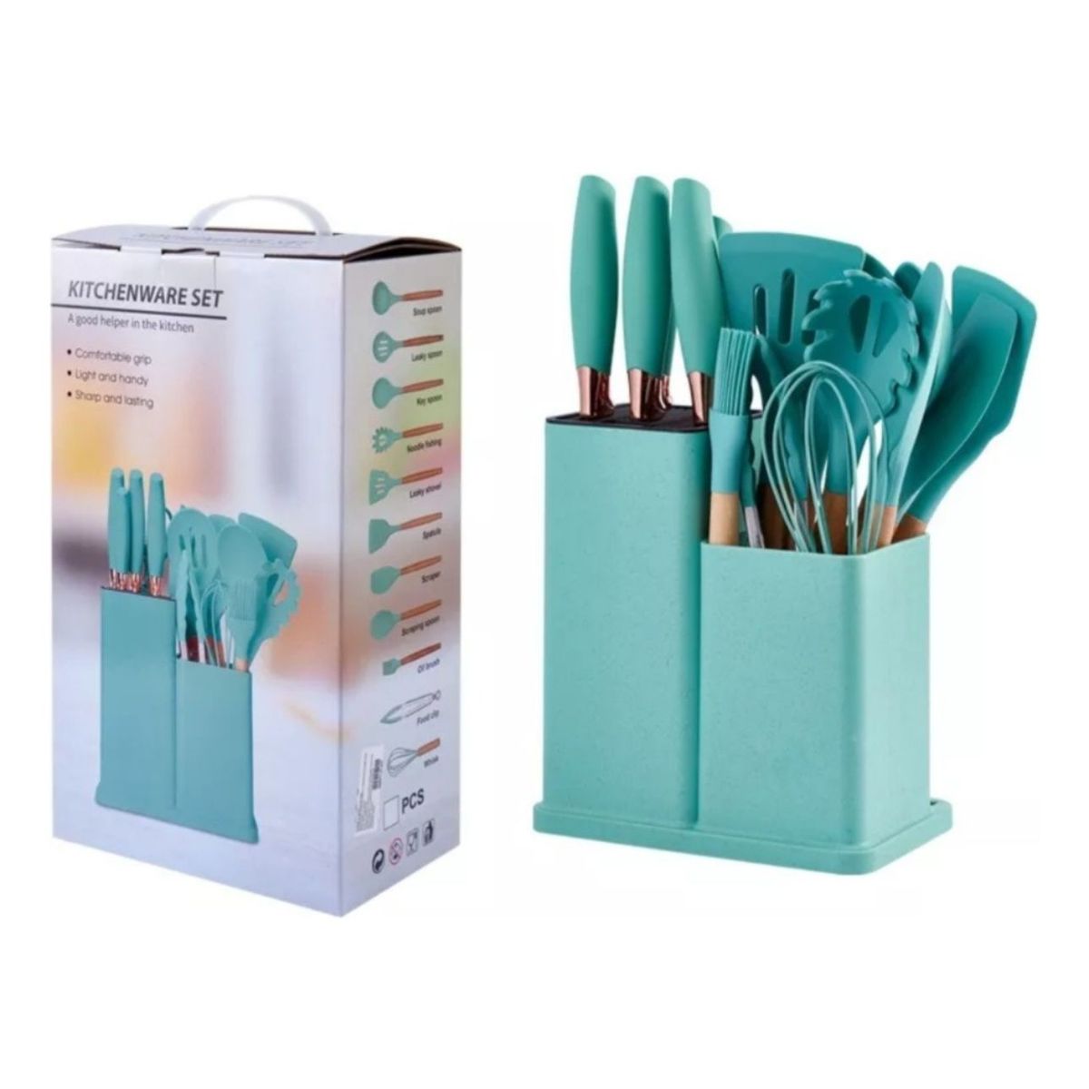 GENERICO - Set 19 Juegos Utensilios De Cocina De Silicona Con Soporte Verde