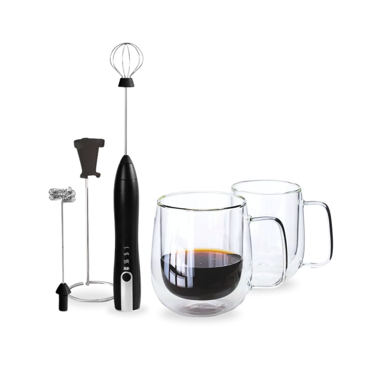 SANTU HOME & DECO - Pack Batidor de Mano y 2 Tazas Doble Vidrio 350ml Café
