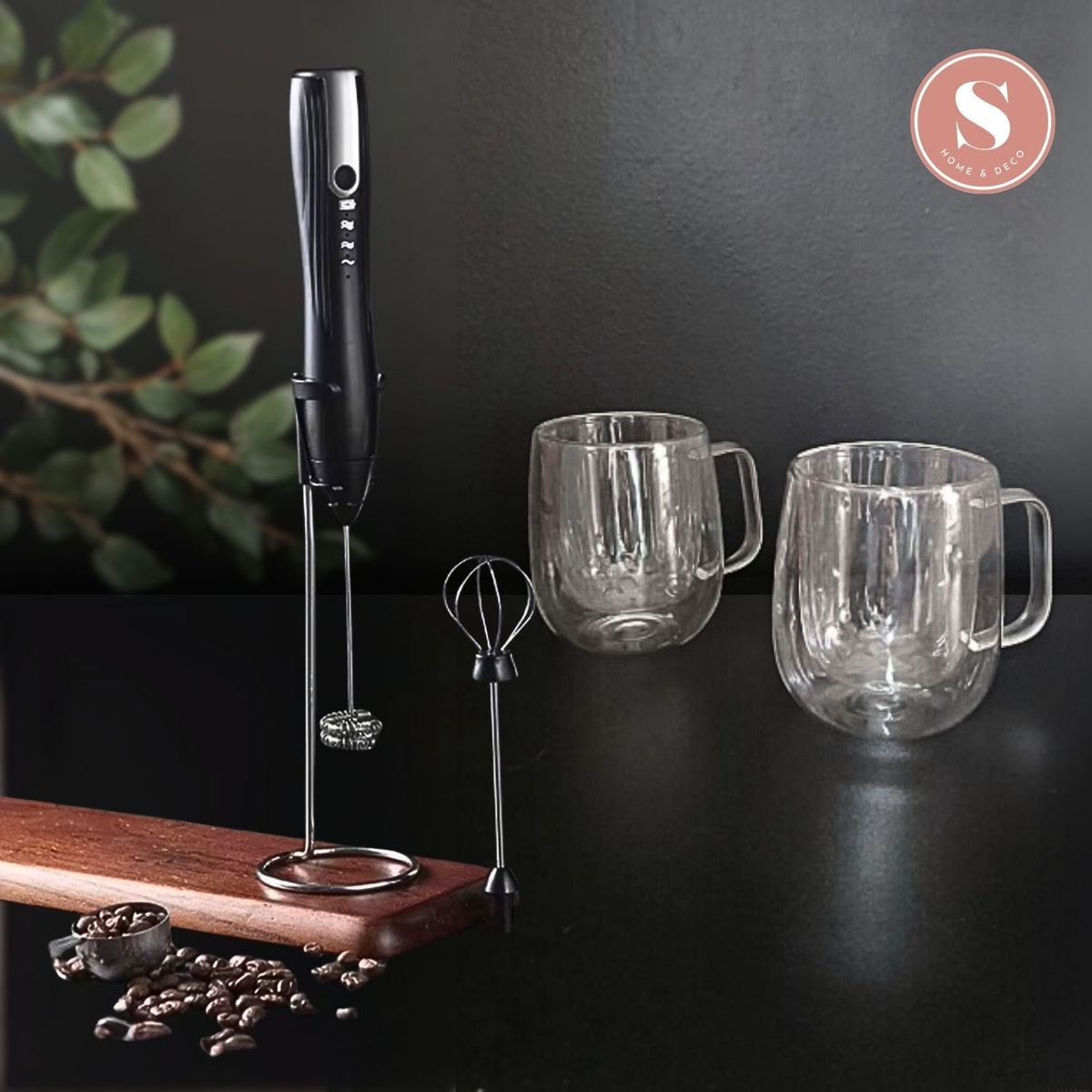 SANTU HOME & DECO - Pack Batidor de Mano y 2 Tazas Doble Vidrio 350ml Café