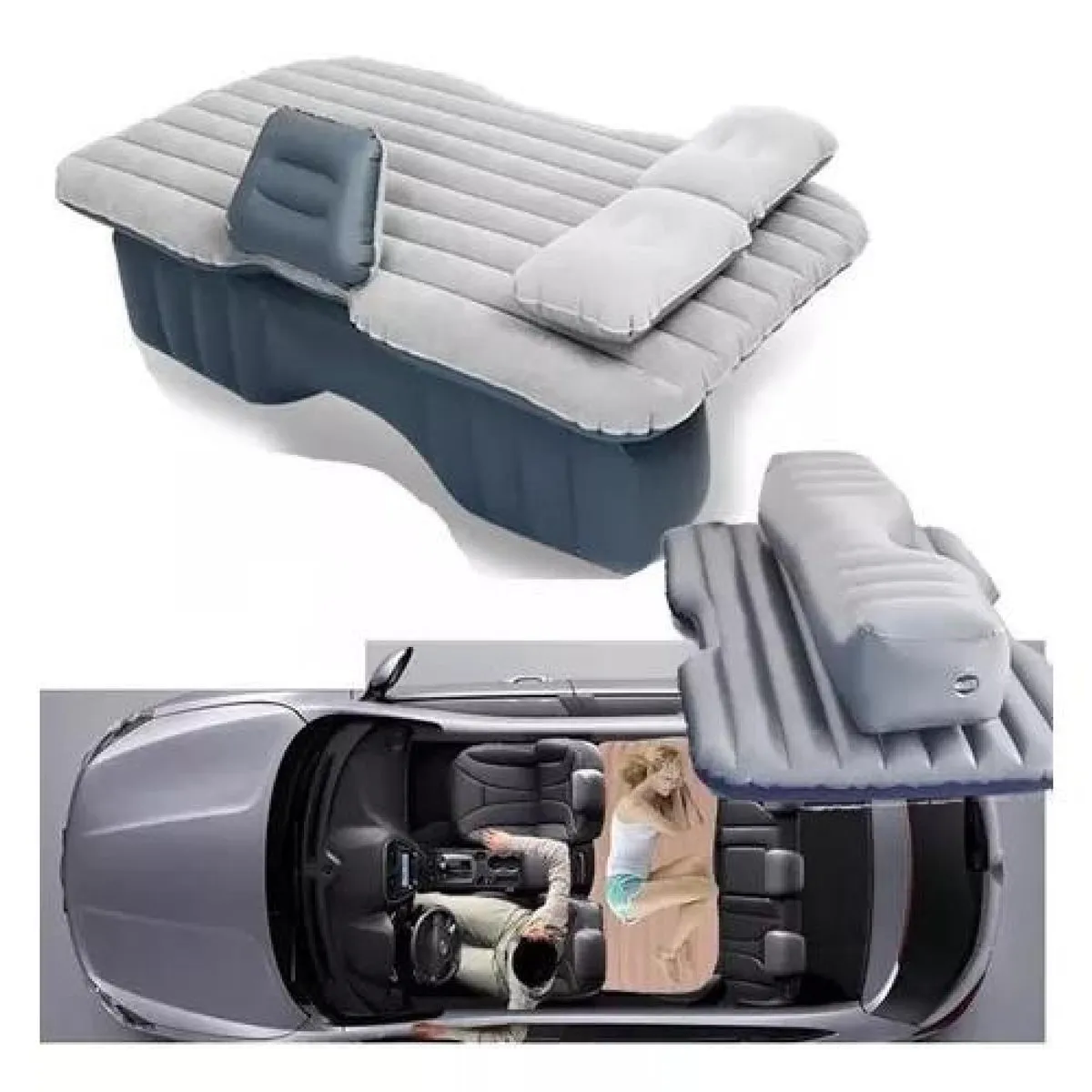 GENERICO - Colchón inflable con compresor 12V y 2 almohadas para auto color gris