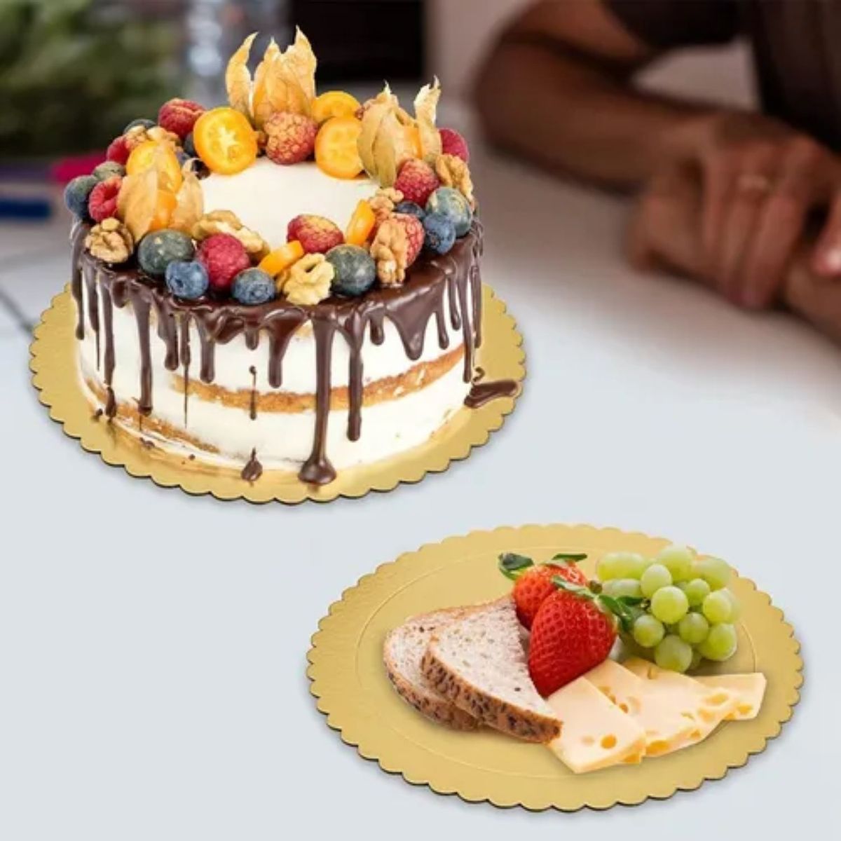 GENERICO - Set 6 Bandeja Base Redonda Torta Pastel Carton Dorado 22cm.