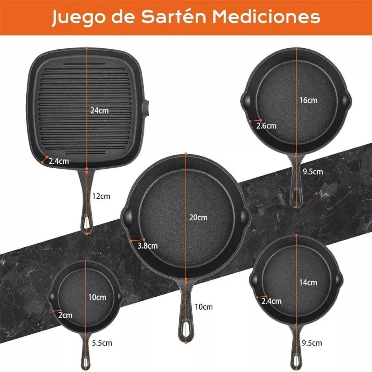 MUNDO MAGIA - Sartenes De Hierro Fundido Juego De Sartenes 5 Piezas Negro