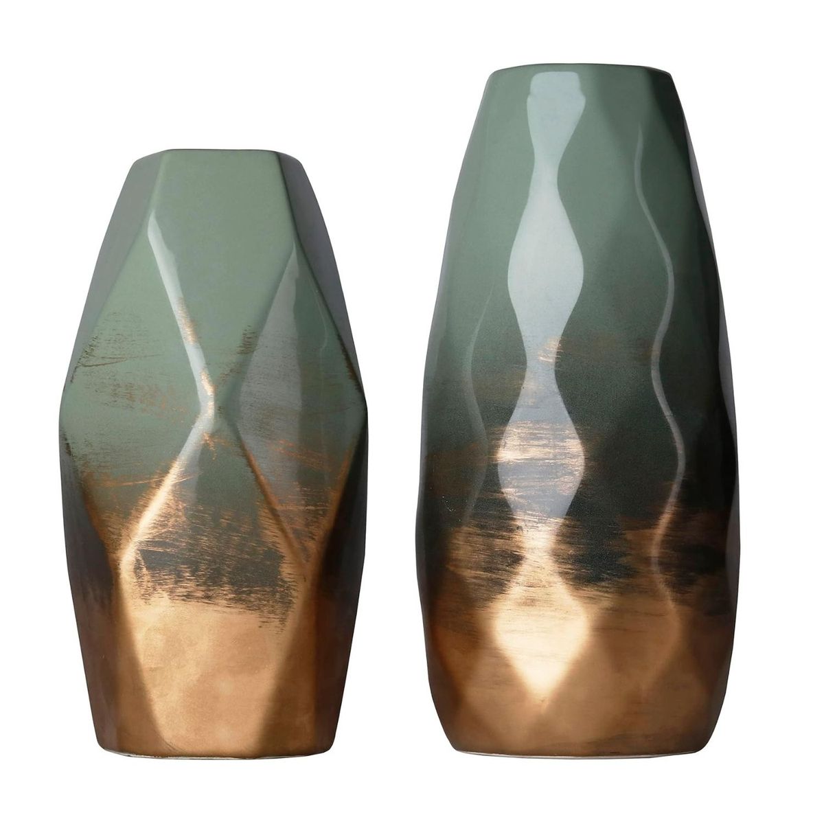 HOME ESSENTIALS - Set 2 jarrones de cerámica dorado/verde