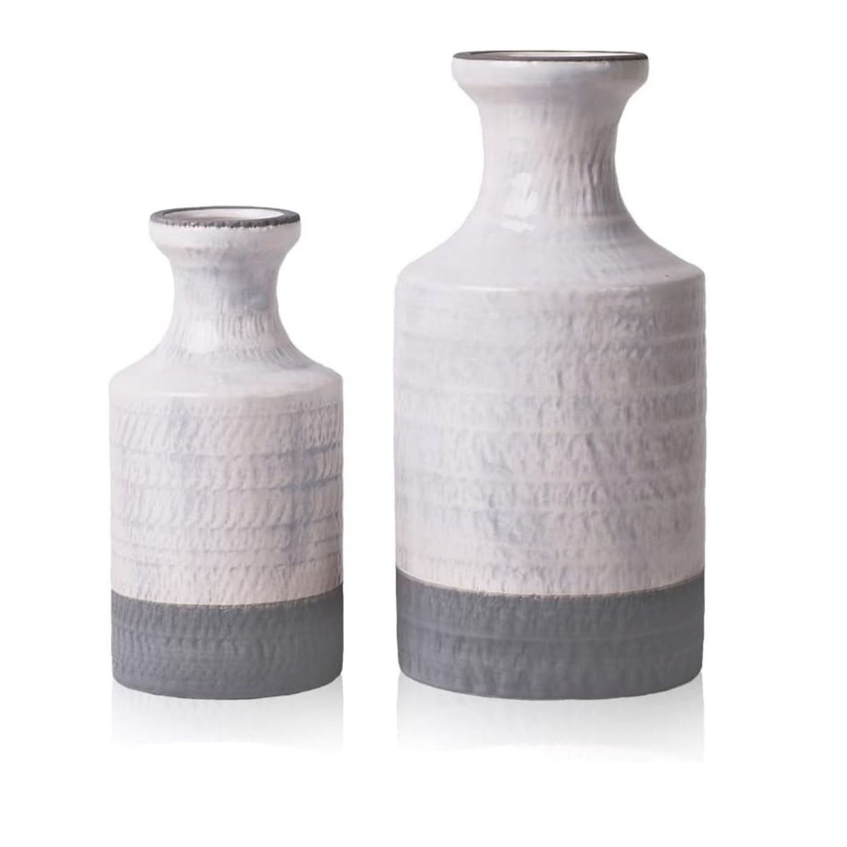 HOME ESSENTIALS - Set 2 jarrones de cerámica bicolor blanco/gris