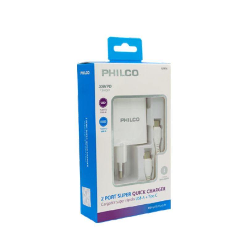 PHILCO - CARGADOR DE PARED SUPER RAPIDO 30W USB A Y TIPO C PHILCO