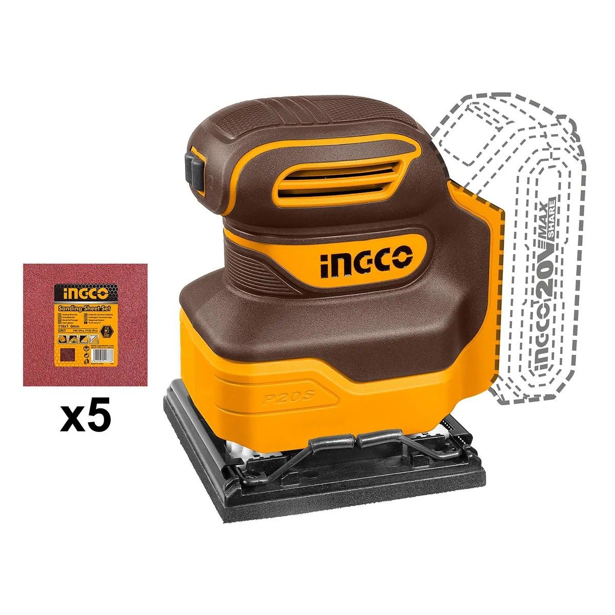 INGCO - Lijadora Orbital Inalambrica Ingco 20v 110x100 Mm Cshsli2014