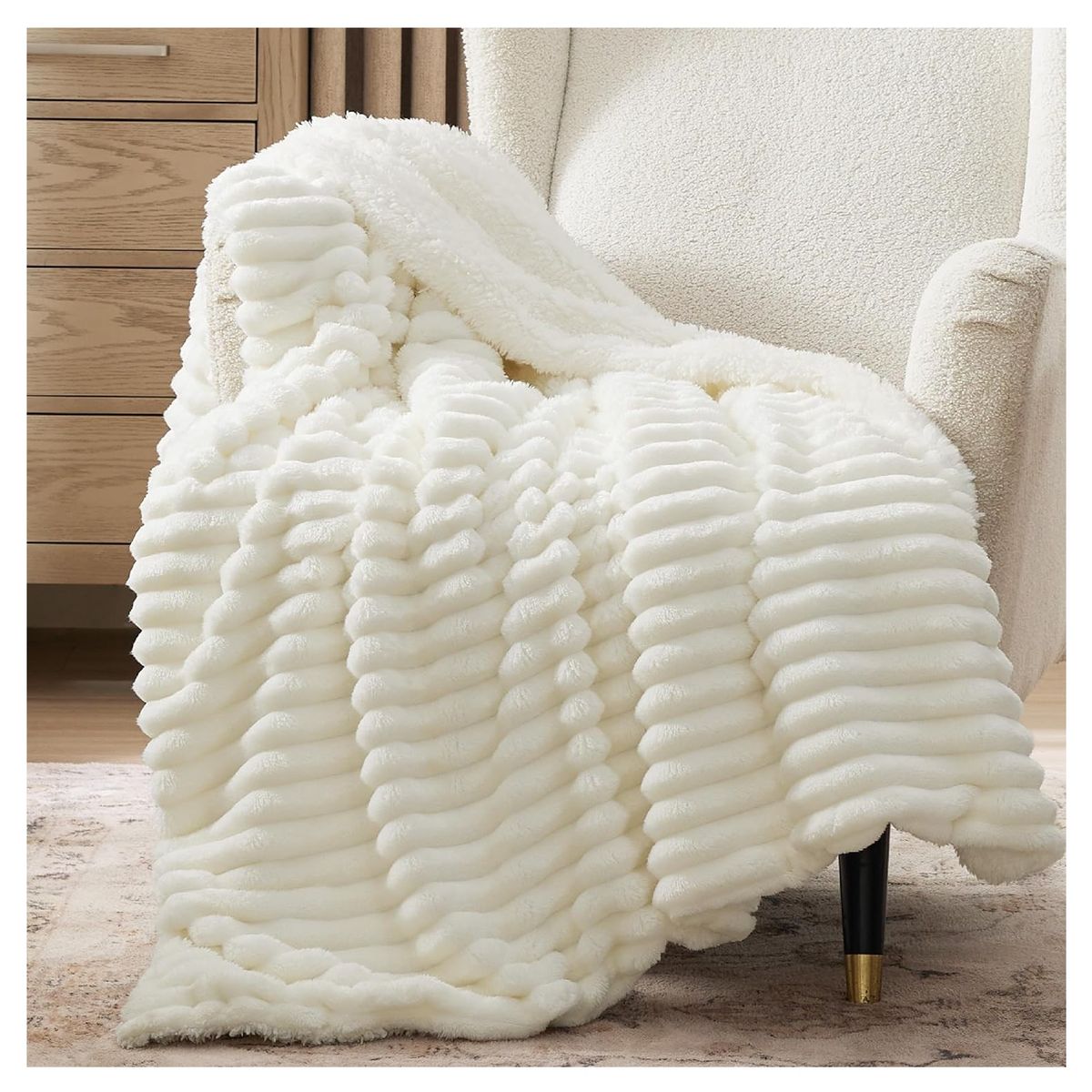 ALMA & DECO - Frazada Manta Coral Acanalada Sherpa Bco Inv. 2 Plazas o king Premium