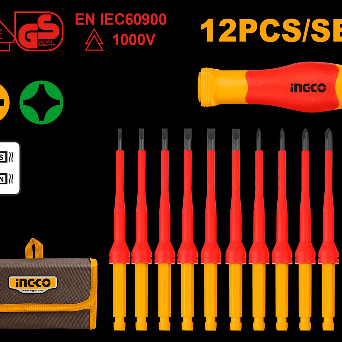 INGCO - Juego 12 Pcs Destornilladores Aislados Intercambiable Ingco