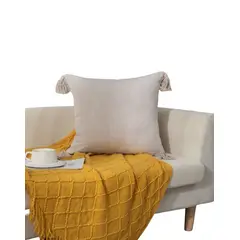 GENERICO - Par de Fundas de Cojín de Lino con Pompones-Beige