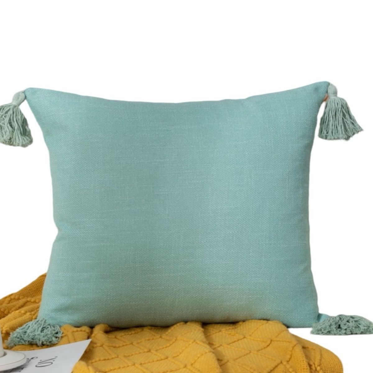 GENERICO - Par de Fundas de Cojín de Lino con Pompones-Turquesa