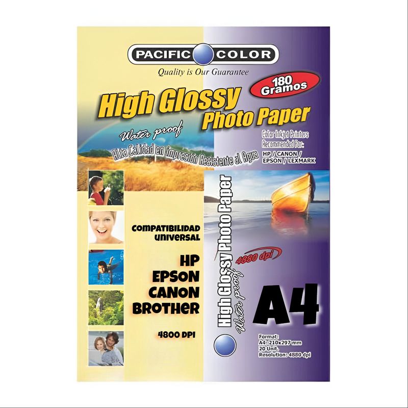 PACIFIC COLOR - Papel Fotográfico Premium 180g HD Waterproof -100 Hojas - A4