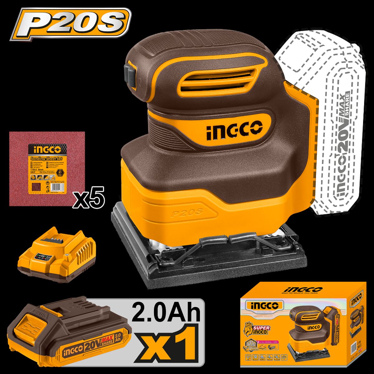 INGCO - Lijadora Orbital Inalamb 20v 110x100 Mm Ingco + Bater Cargador