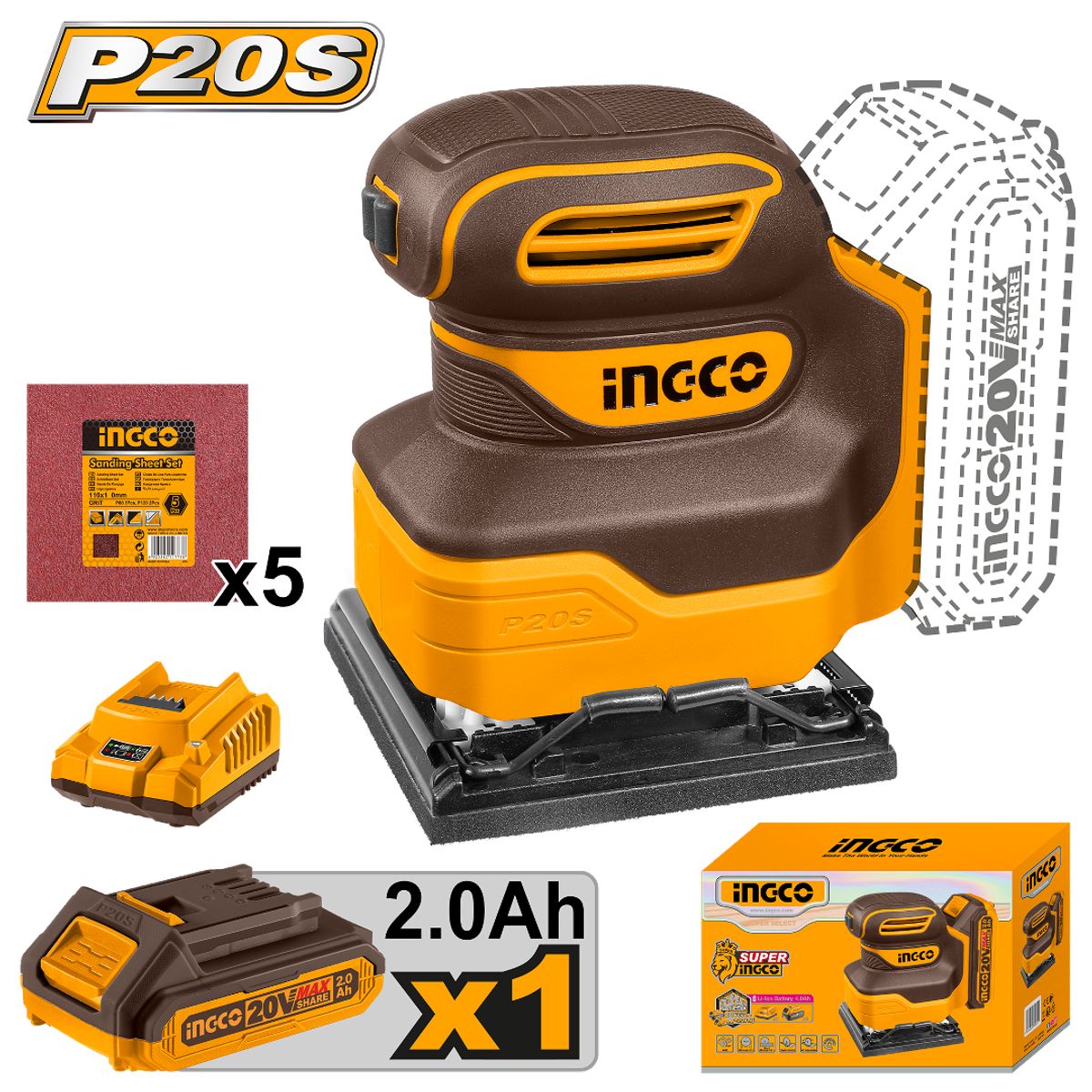 INGCO - Lijadora Orbital Inalamb 20v 110x100 Mm Ingco + Bater Cargador