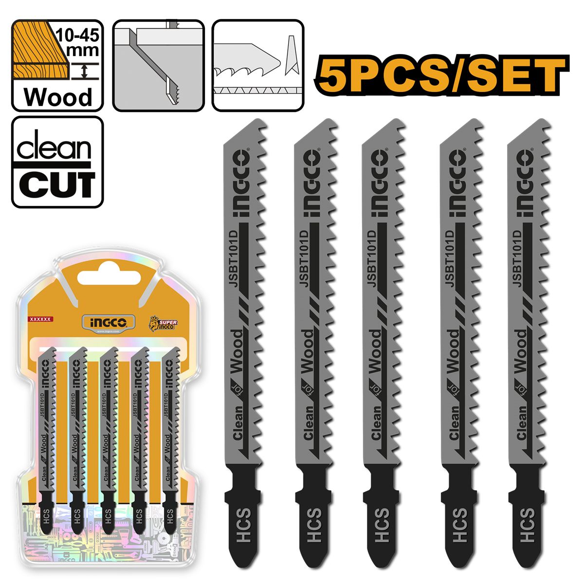 INGCO - Set 5 Hojas Para Sierra Caladora Madera 74 Mm Hcs 6tpi Ingco