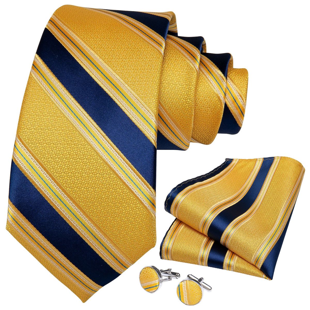 SN SONEC - Corbata amarilla azul seda hombre paño y colleras Modelo Oro y cielo