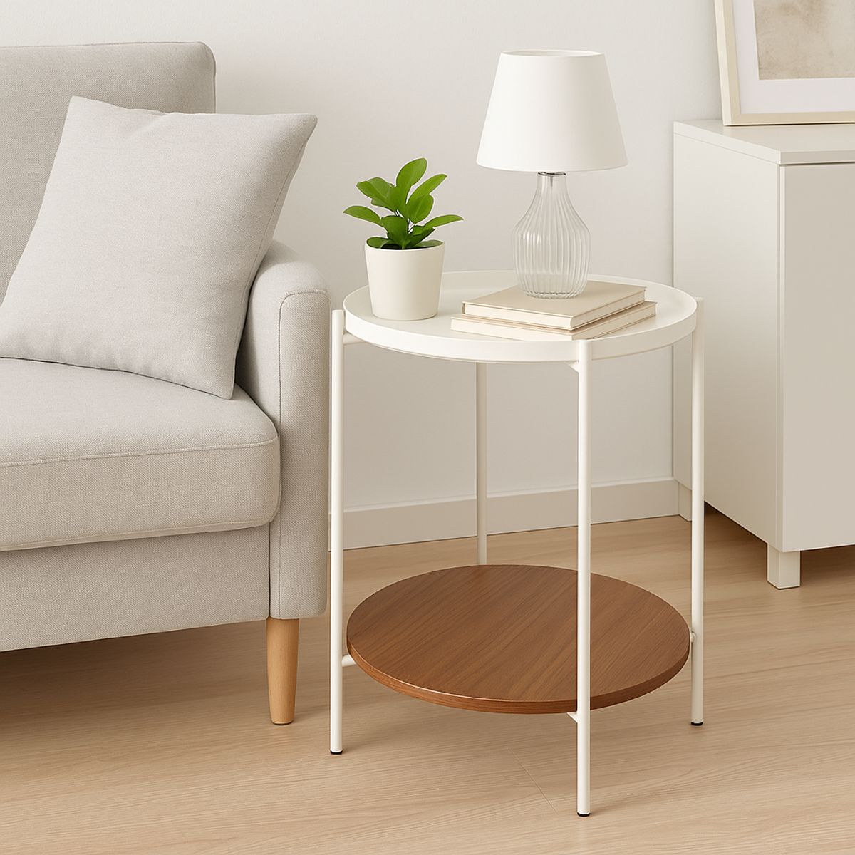 MOBOI - Mesa Lateral Auxiliar 2 Niveles Madera 42x42x52cm Blanco