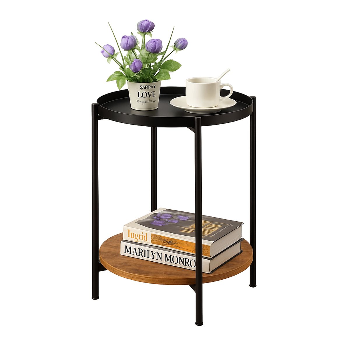 MOBOI - Mesa Lateral Auxiliar 2 Niveles Madera 42x42x52cm Negro