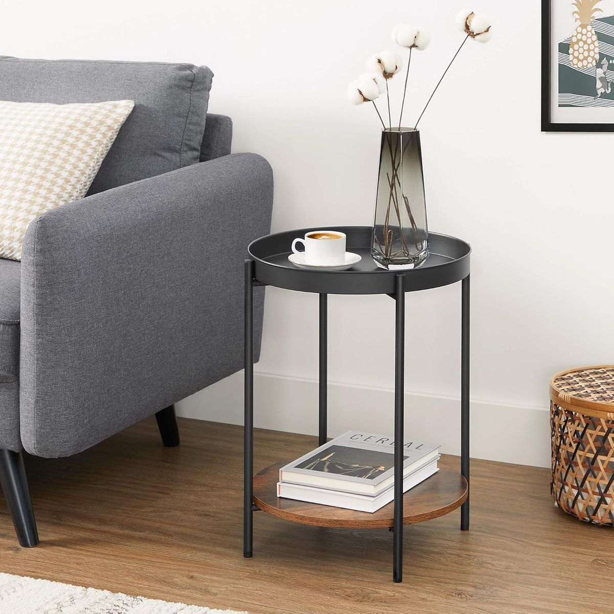 MOBOI - Mesa Lateral Auxiliar 2 Niveles Madera 42x42x52cm Negro