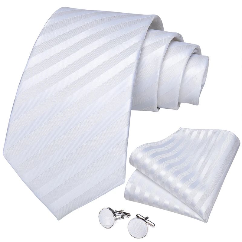 SN SONEC - Corbata blanca rayas hombre seda paño y colleras Blanco striped