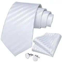 SN SONEC - Corbata blanca rayas hombre seda paño y colleras Blanco striped