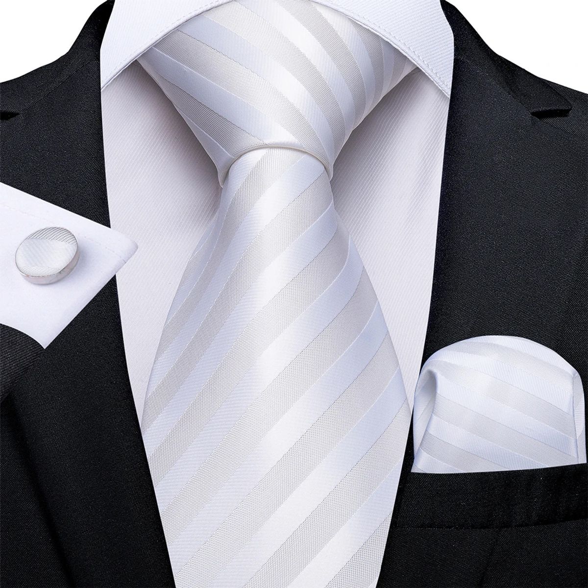 SN SONEC - Corbata blanca rayas hombre seda paño y colleras Blanco striped