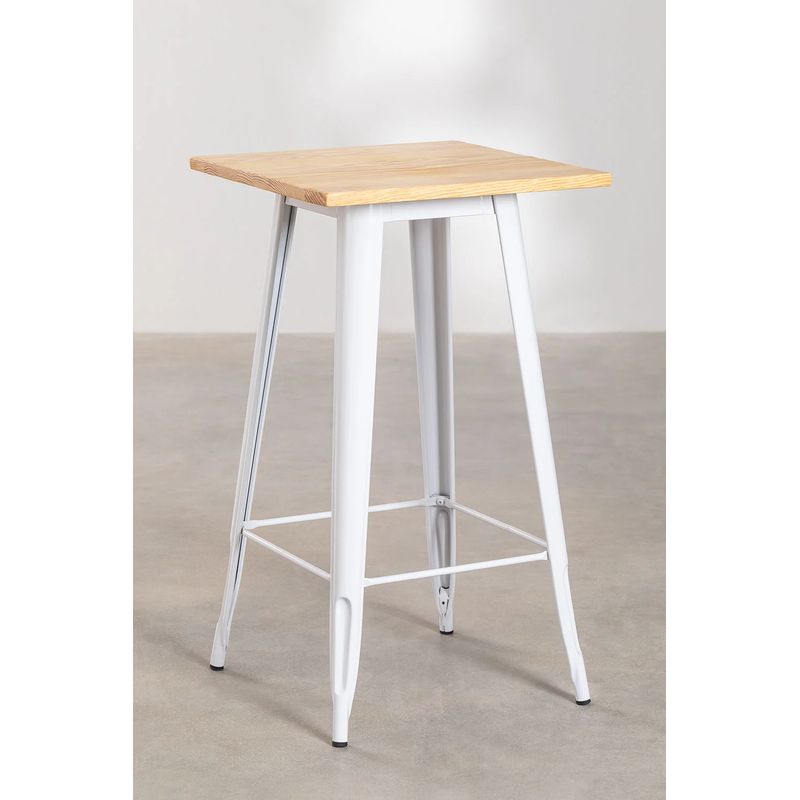 MOBOI - Mesa de Bar Tolix Blanca con Cubierta de Madera 60x60x105