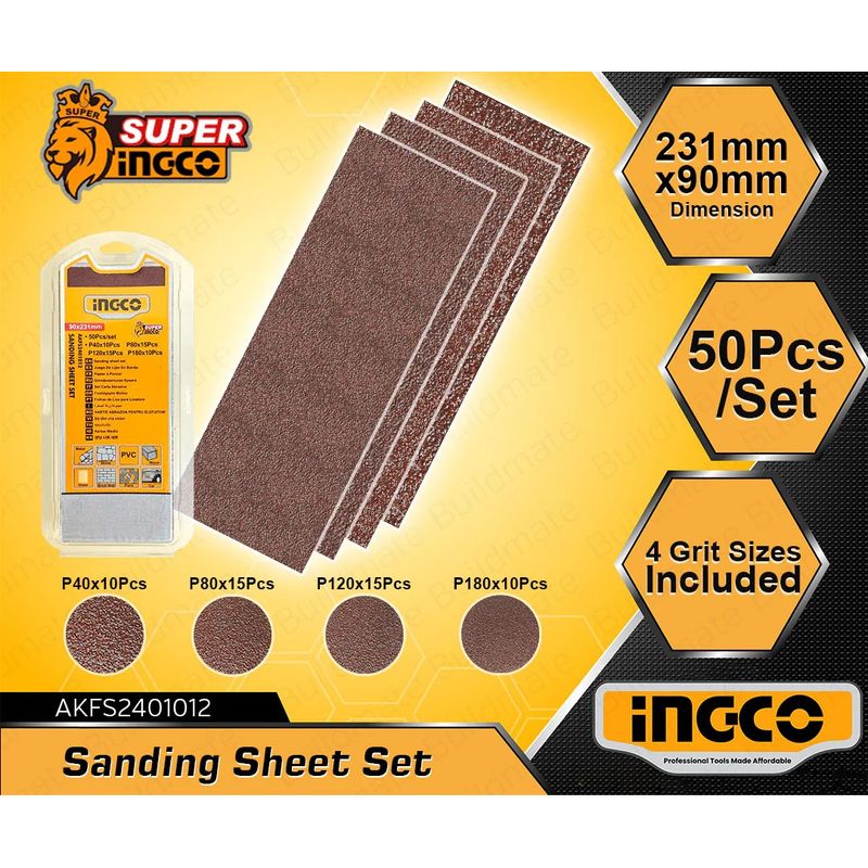 INGCO - Set 50 Lijas P40 P80 P120 P180 Ingco 90x231 Mm Akfs2401012