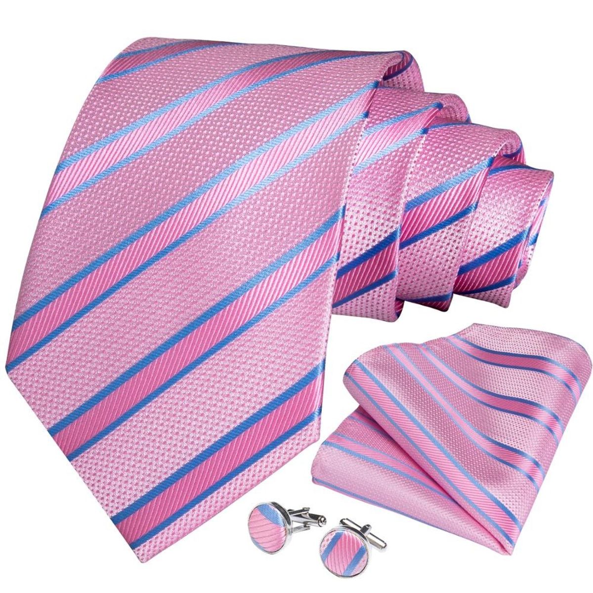 SN SONEC - Corbata formal a rayas seda hombre paño y colleras Rosa y Celeste
