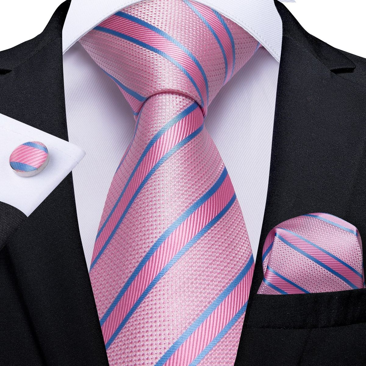SN SONEC - Corbata formal a rayas seda hombre paño y colleras Rosa y Celeste