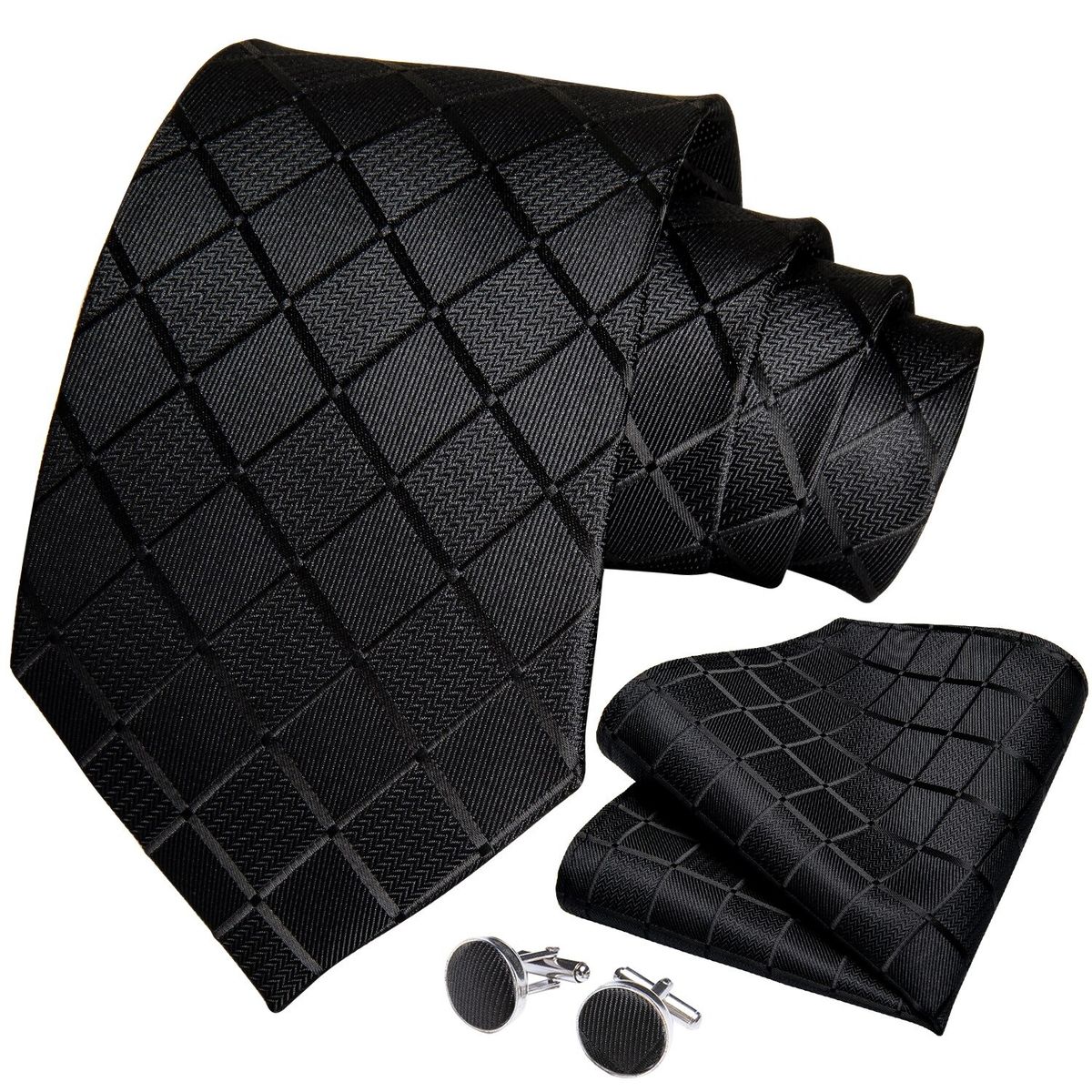 SN SONEC - Corbata negra texturada hombre seda con paño y colleras Sangre Negra