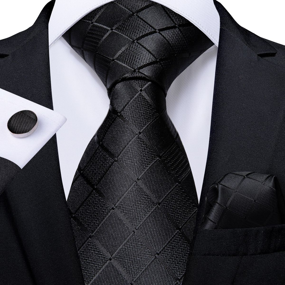SN SONEC - Corbata negra texturada hombre seda con paño y colleras Sangre Negra