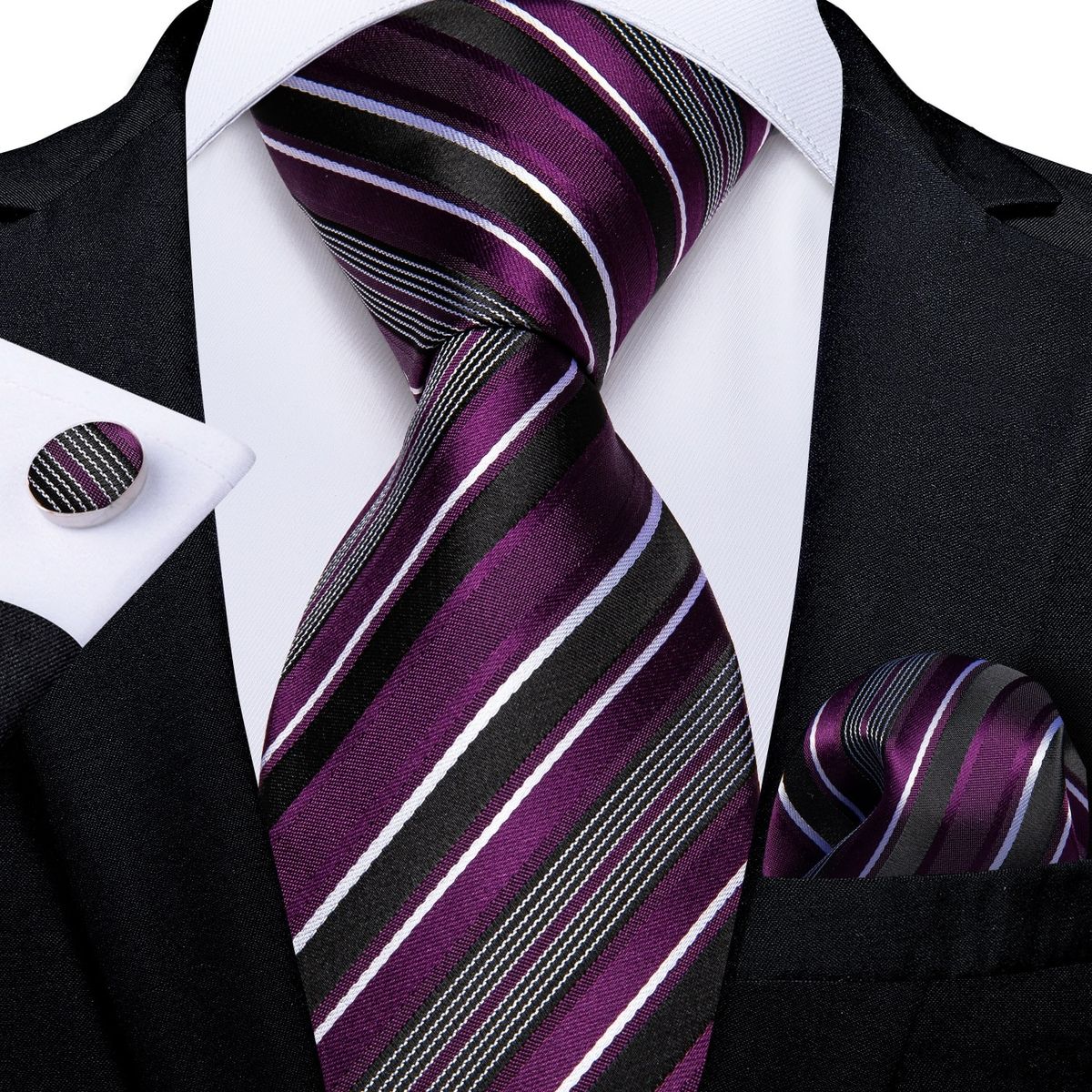 SN SONEC - Corbata morada hombre paño y colleras Morado Rayas