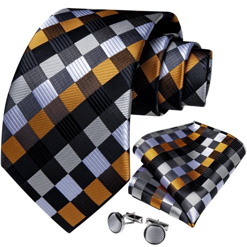 SN SONEC - Set Corbata formal hombre seda con paño y colleras Tricolor Cuadros