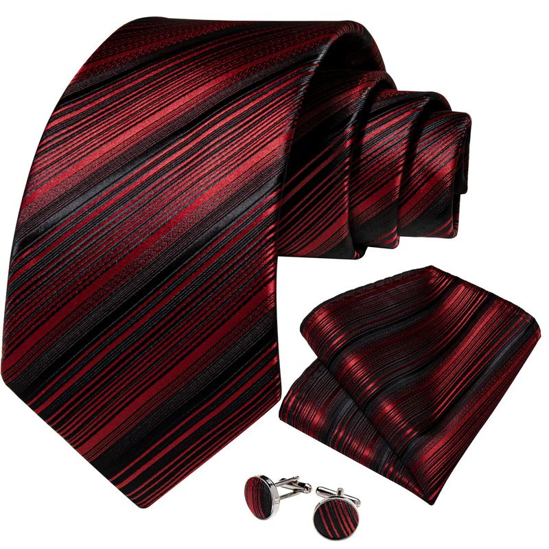 SN SONEC - Corbata seda hombre con paño y colleras Modelo Rojo Negro
