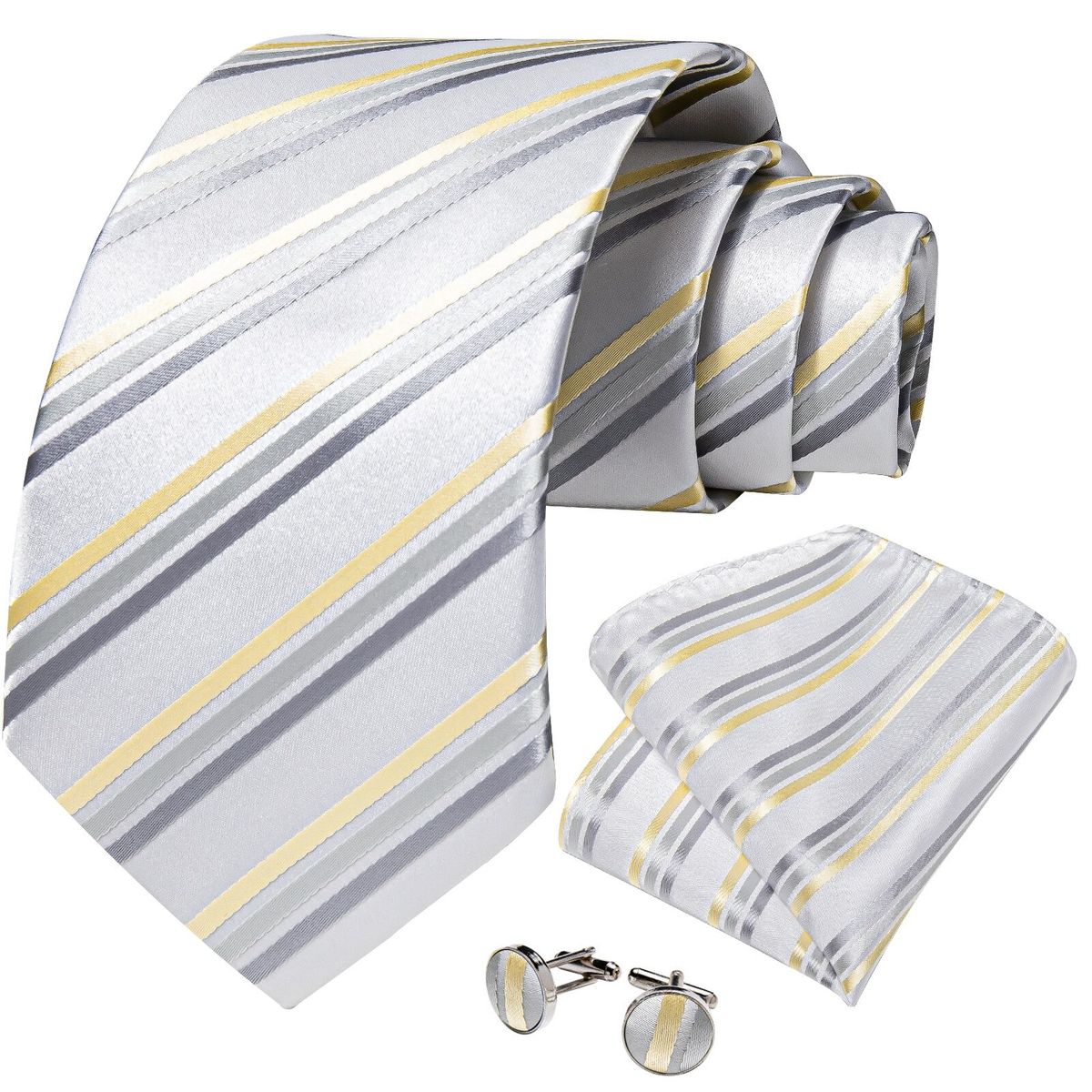 SN SONEC - Corbata seda hombre con paño y colleras White Golden
