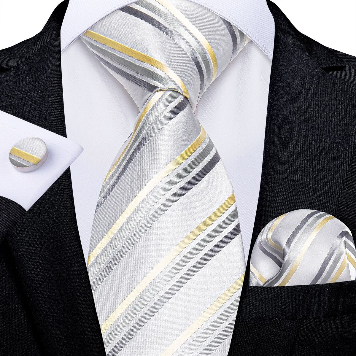 SN SONEC - Corbata seda hombre con paño y colleras White Golden