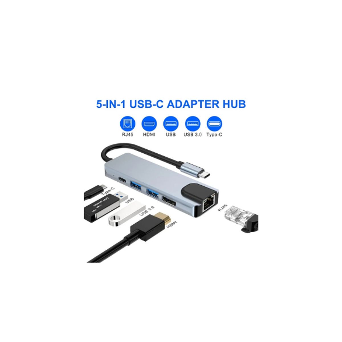 GENERICO - Hub 5 En 1 Usb C Usb 3 Hdmi 4k Pd Lan Rj45 Gigabit 1000mbps Color Gris