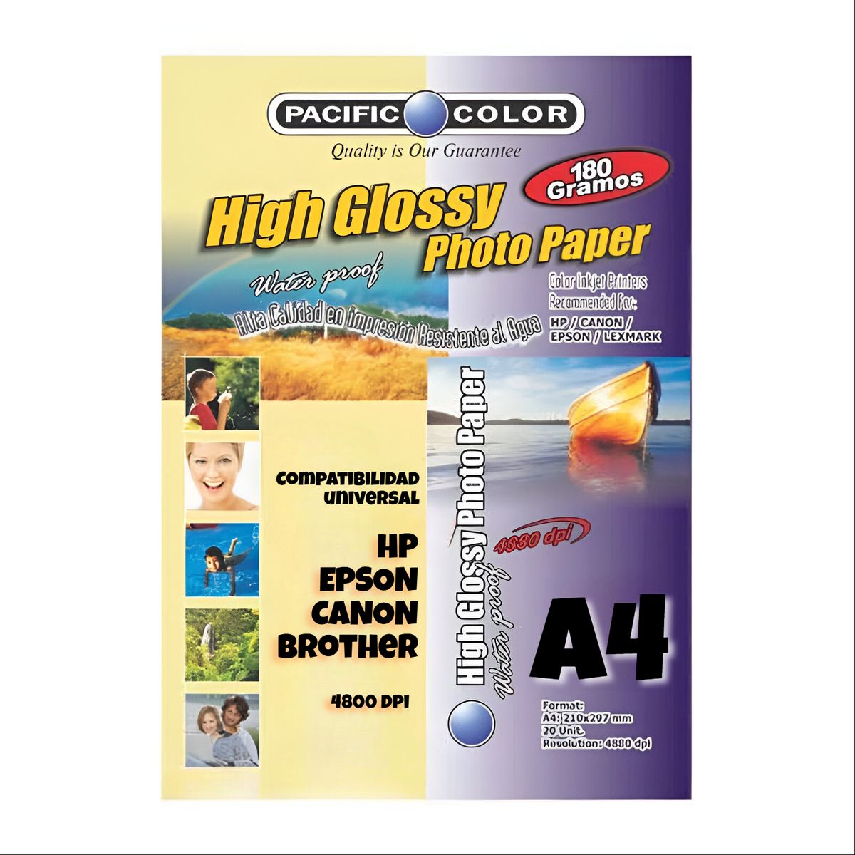 PACIFIC COLOR - Papel Fotográfico Premium 180g HD Waterproof -100 Hojas - A4