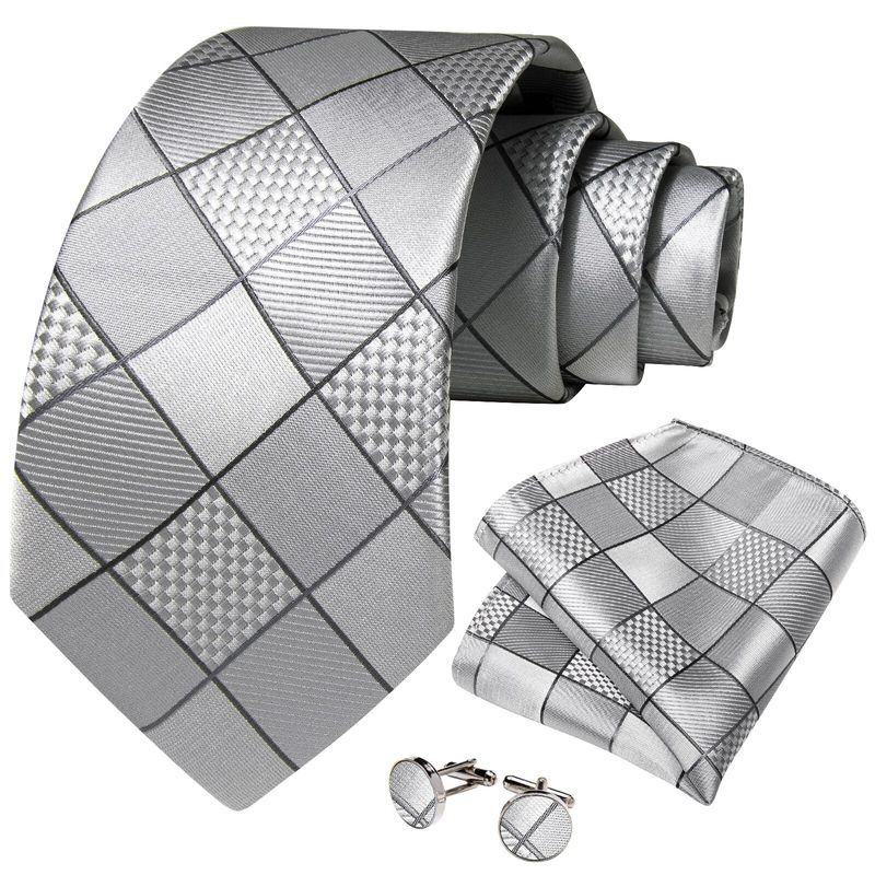 SN SONEC - Corbata formal seda hombre con paño y colleras Cuadros gris y plateado