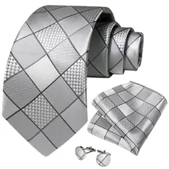 SN SONEC - Corbata formal seda hombre con paño y colleras Cuadros gris y plateado