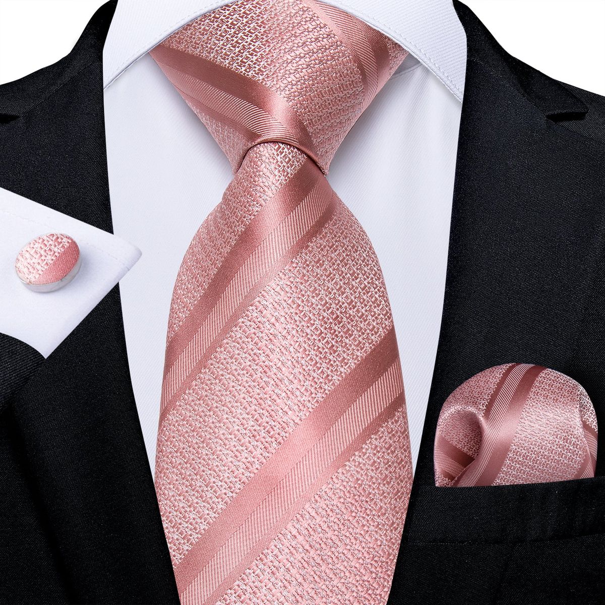 SN SONEC - Corbata Rosada hombre seda con paño y colleras Modelo Oro Rosa