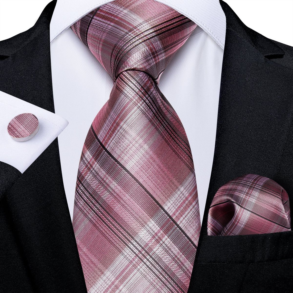 SN SONEC - Corbata seda hombre con paño y colleras Modelo Rosa Cenizas